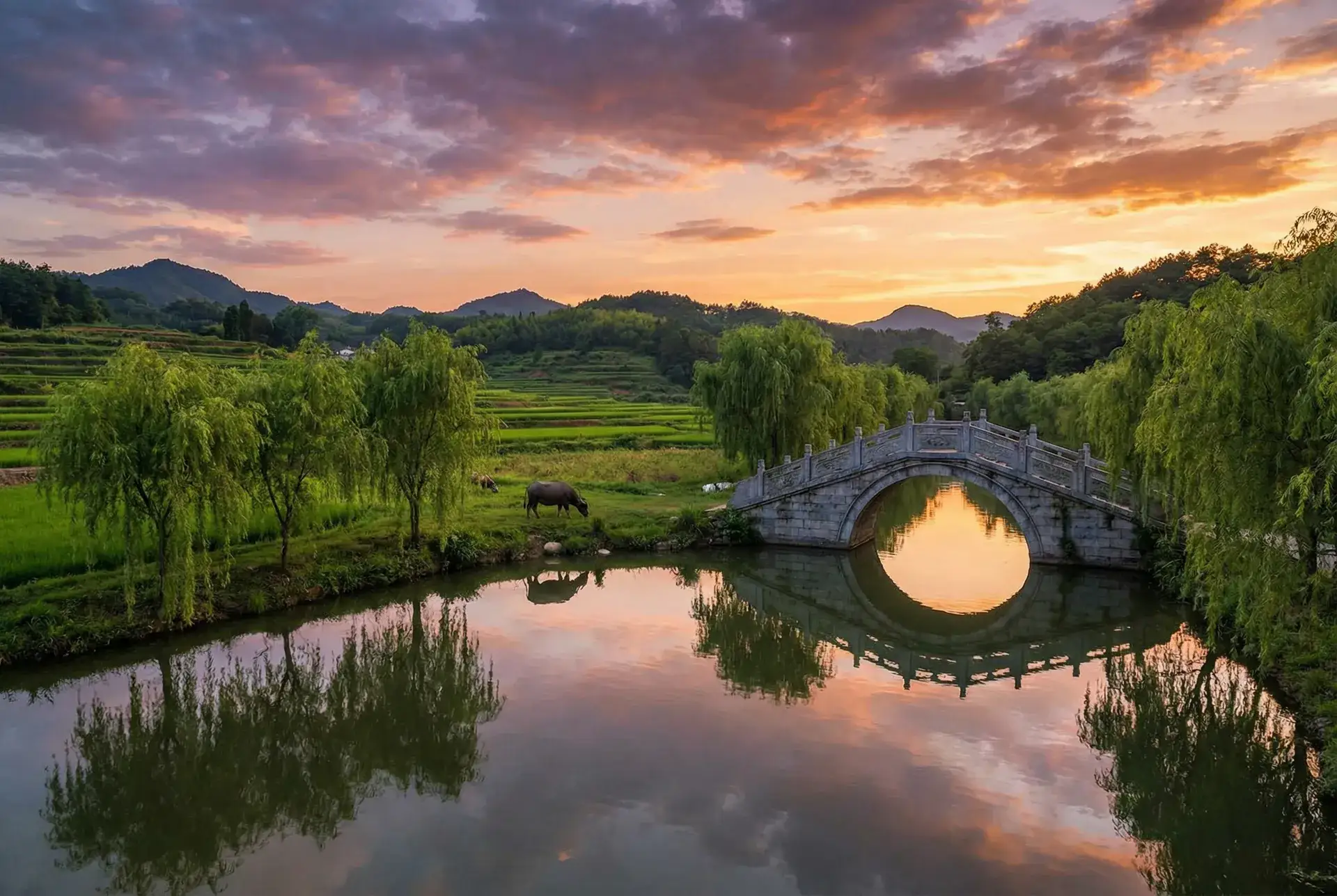 夕阳下的石拱桥与垂柳，水牛在河边吃草 - 伊甸园2 乡村美景